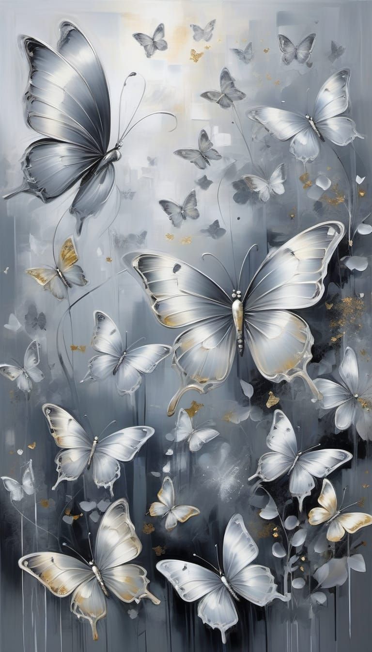 Ethereal Silver Butterflies in Magical Abstract Painting