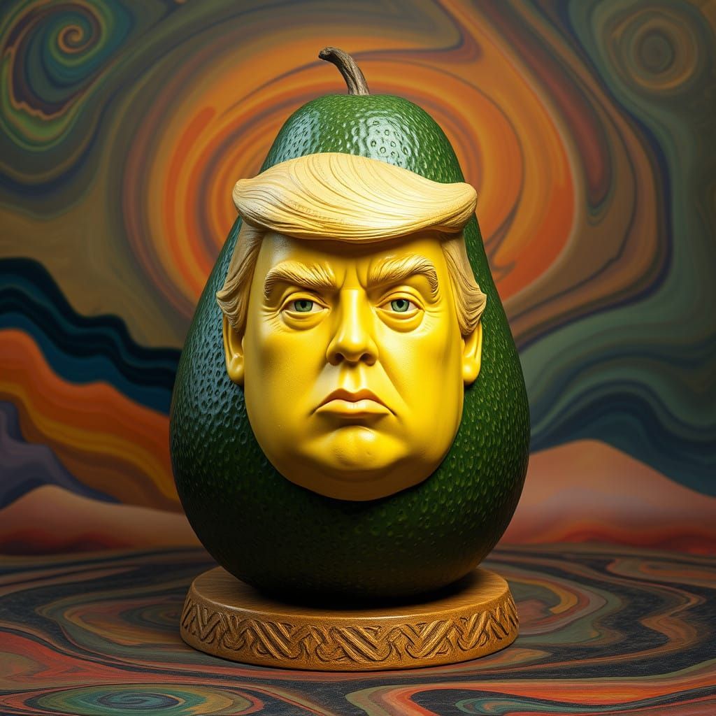 A  surrealism avocado sculpture with Donald Trump's face