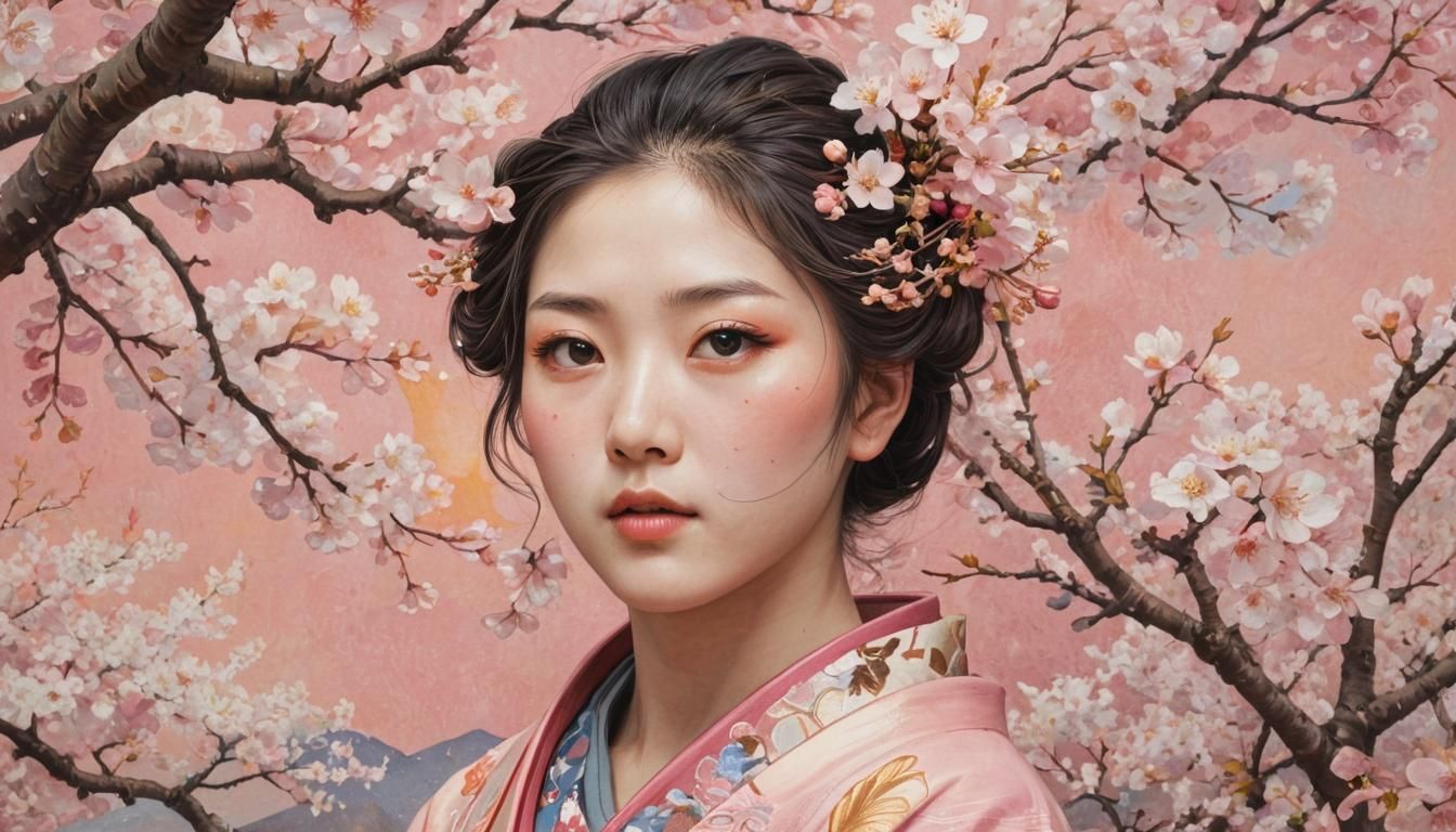 Intense Gaze Amidst Cherry Blossoms: Ukiyo-e Art
