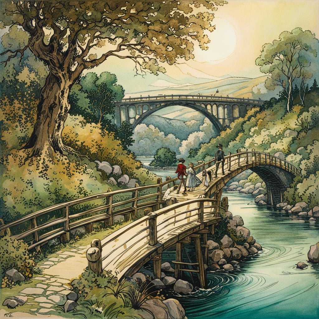 Fairytale River Landscape with Bridges in Rackham Style