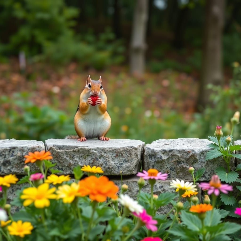 Chipmunk's Strawberry Feast in Lush Garden