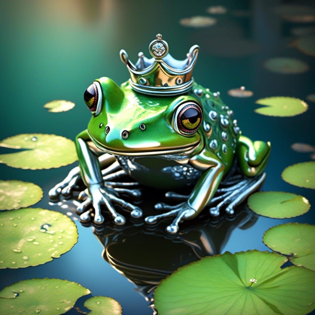 Cute Chrome Frog with Crown on Lilypad