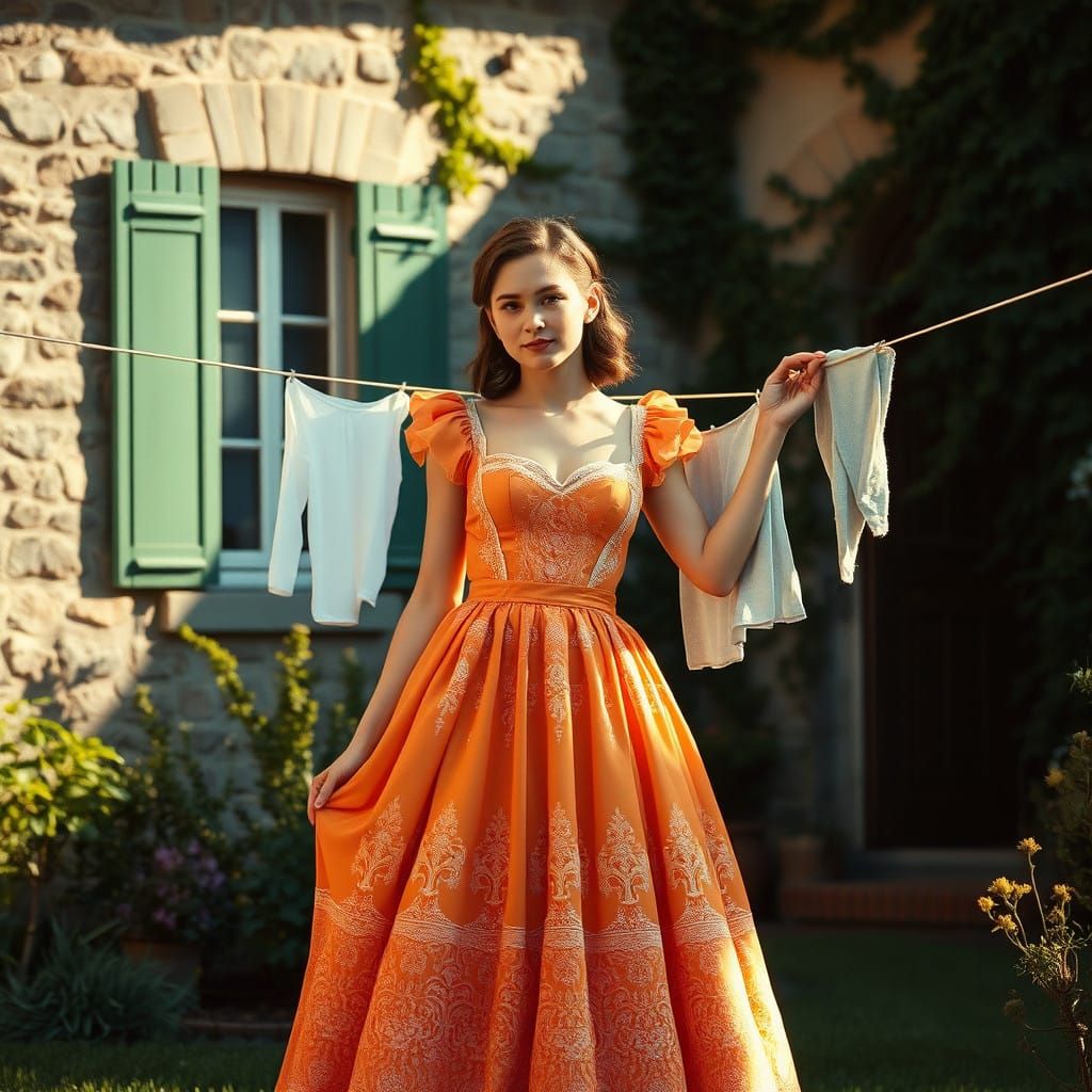 Young Man in Pollyanna Dress Hangs Laundry Outside Vintage H...