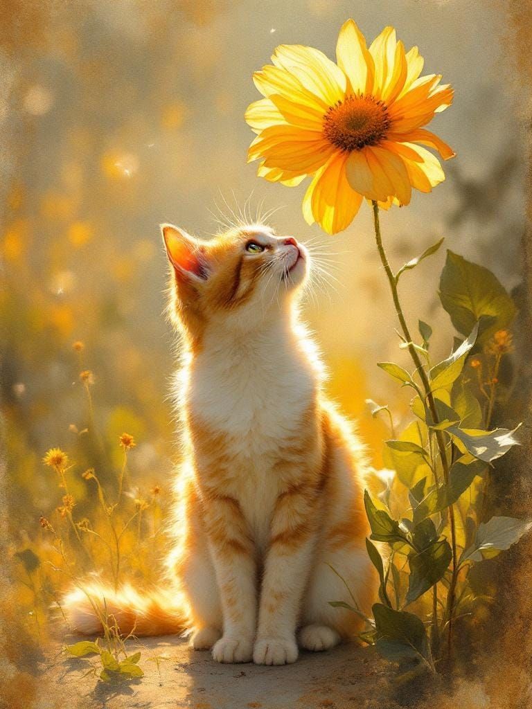 Adorable Cat Under Flower with Luminous Romantic Glow