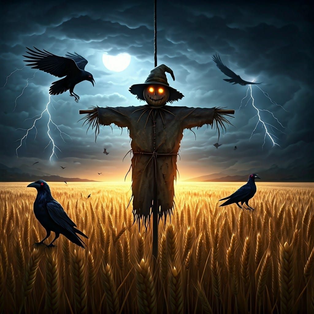 Ominous Scarecrow and Ravens in Stormy Field
