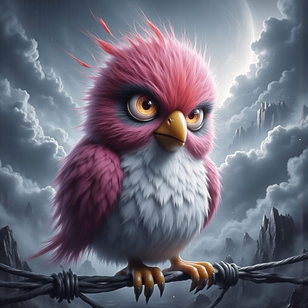 Ominous Grumpy Bird in Whimsical Airbrush Art