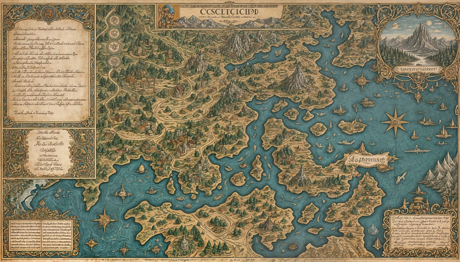 Stylized Old-World Cartographic Map with Mythical Elements