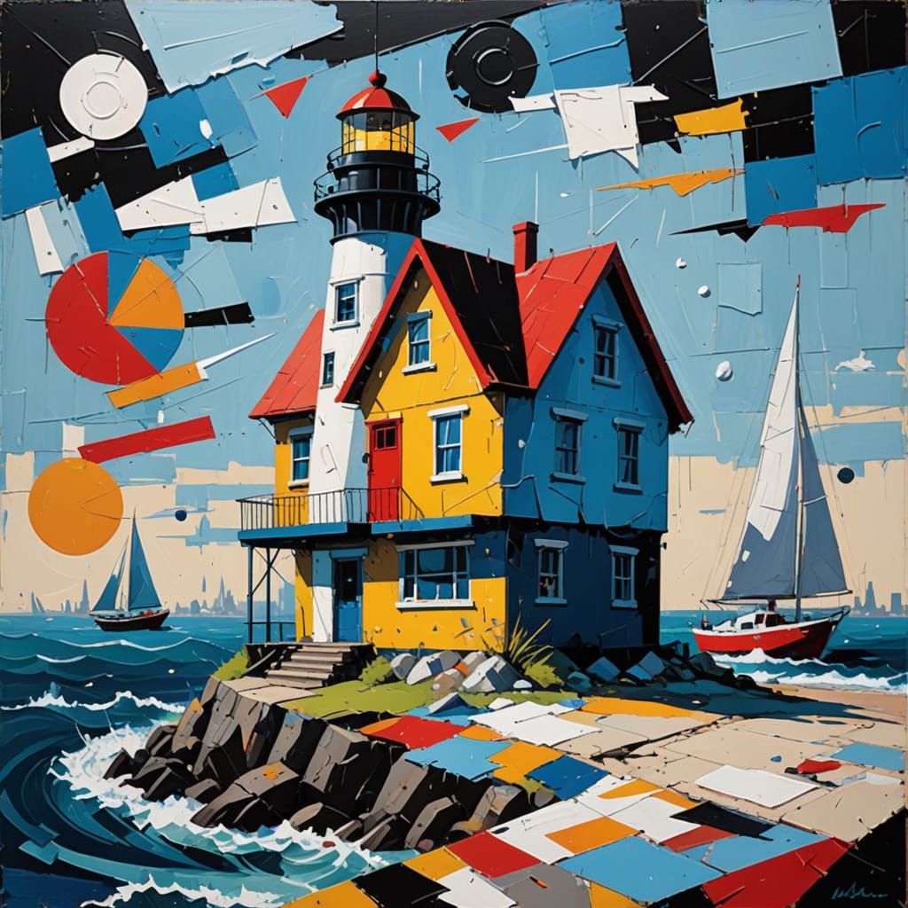 Abstract Lighthouse Painting in Deconstructed Pop Art Style
