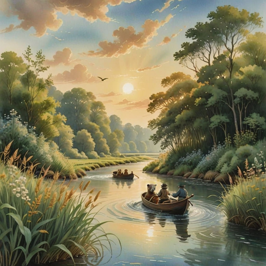 Whimsical Otter River Scene in Beatrix Potter Watercolor Sty...