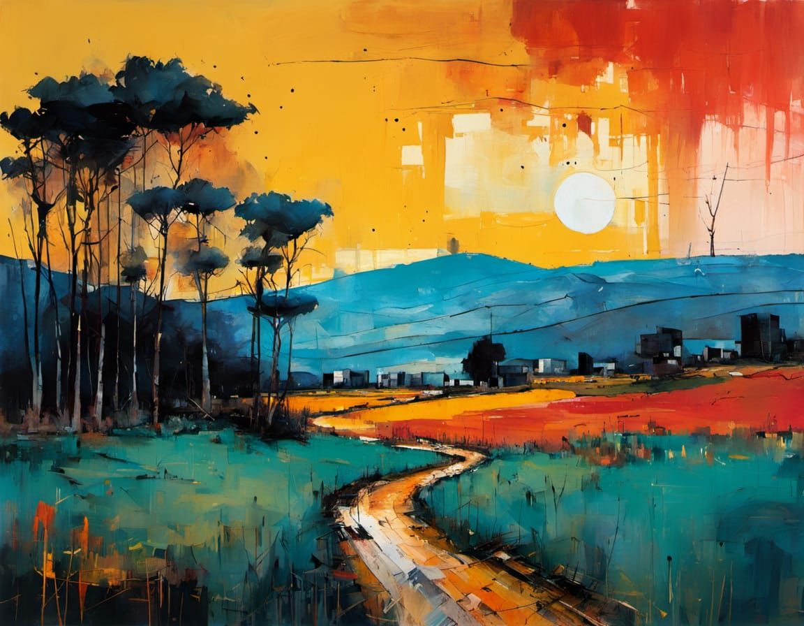 Abstract Expressionist Landscape with Vibrant Colors and Geo...