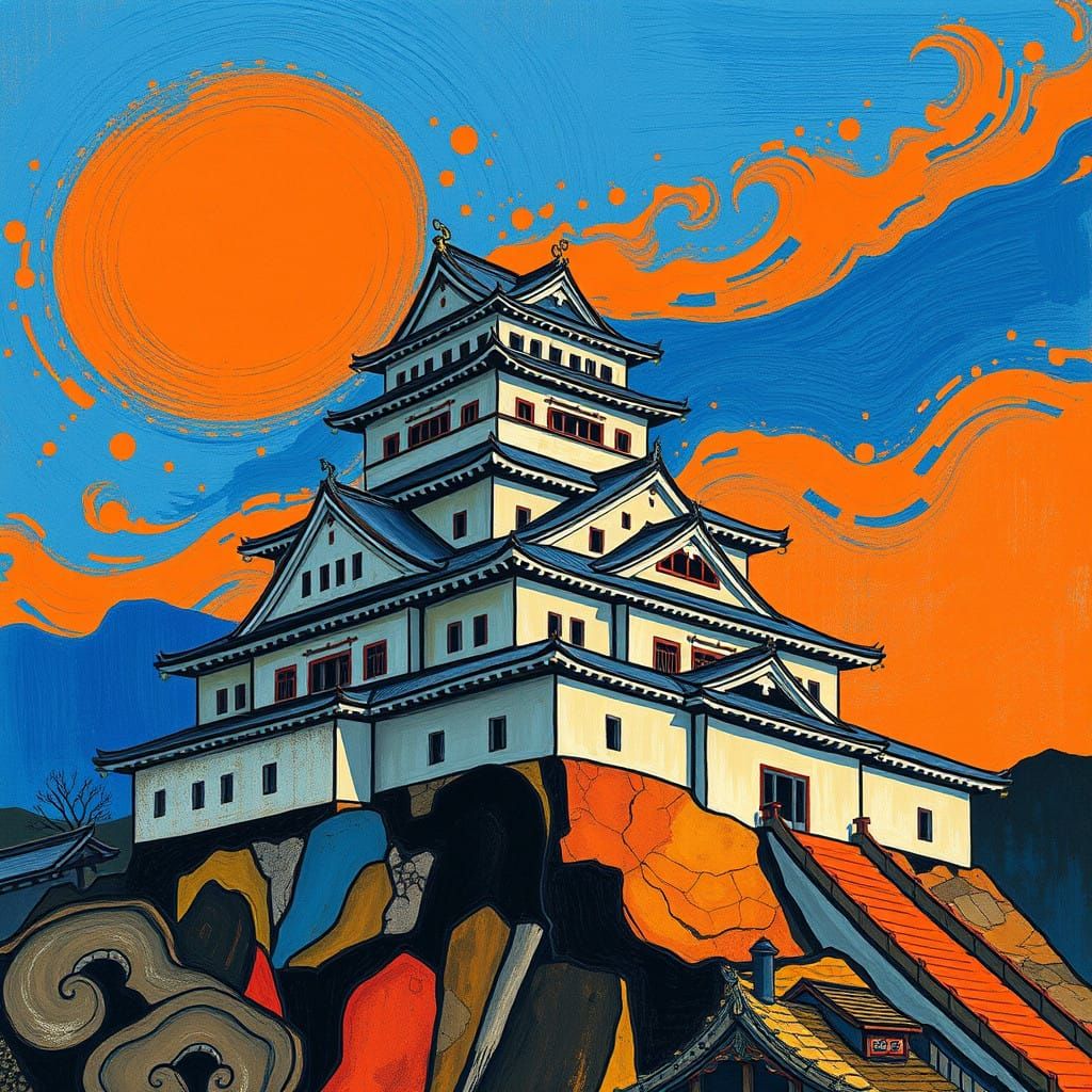 Vibrant Abstract Himeji Castle in Miro-Kandinsky Style