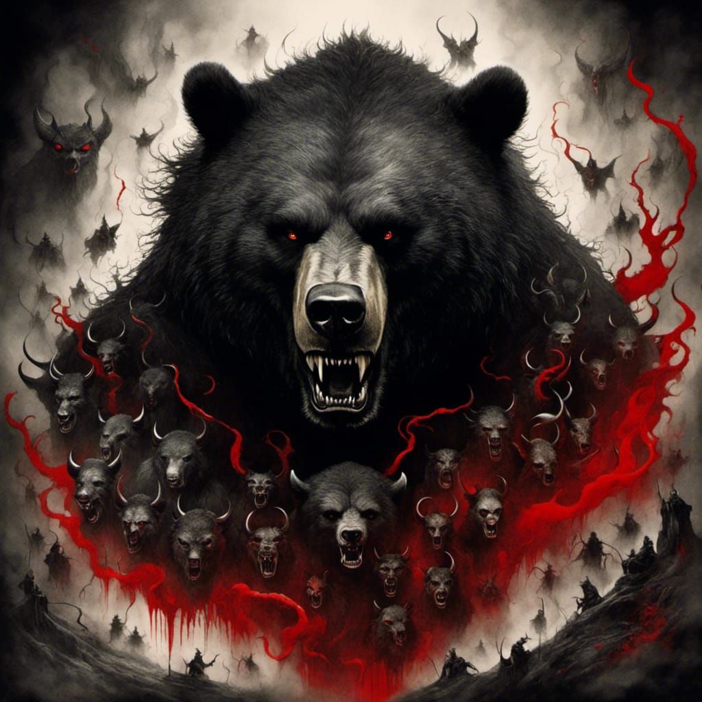 Devil Bear Drawing in Horrorcore Noir Style