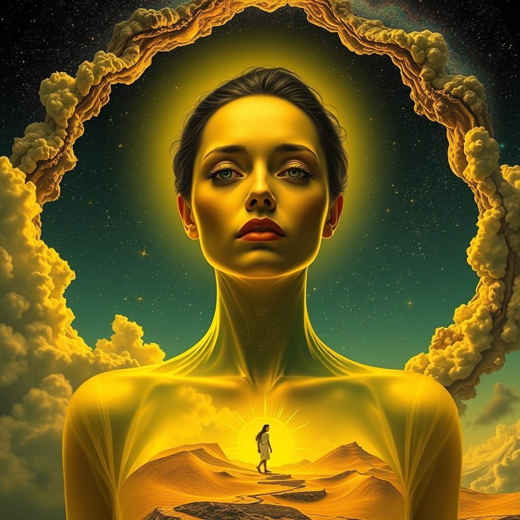 Enigmatic Woman in Dreamlike Landscape with Yellow Sky and D...
