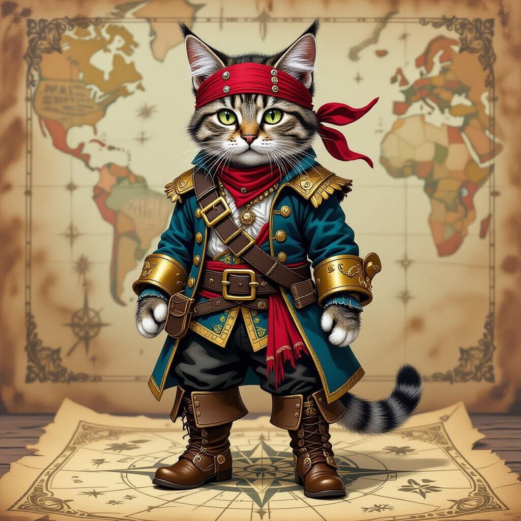 Pirate Cat Treasure Map in Rustic Futurism Style