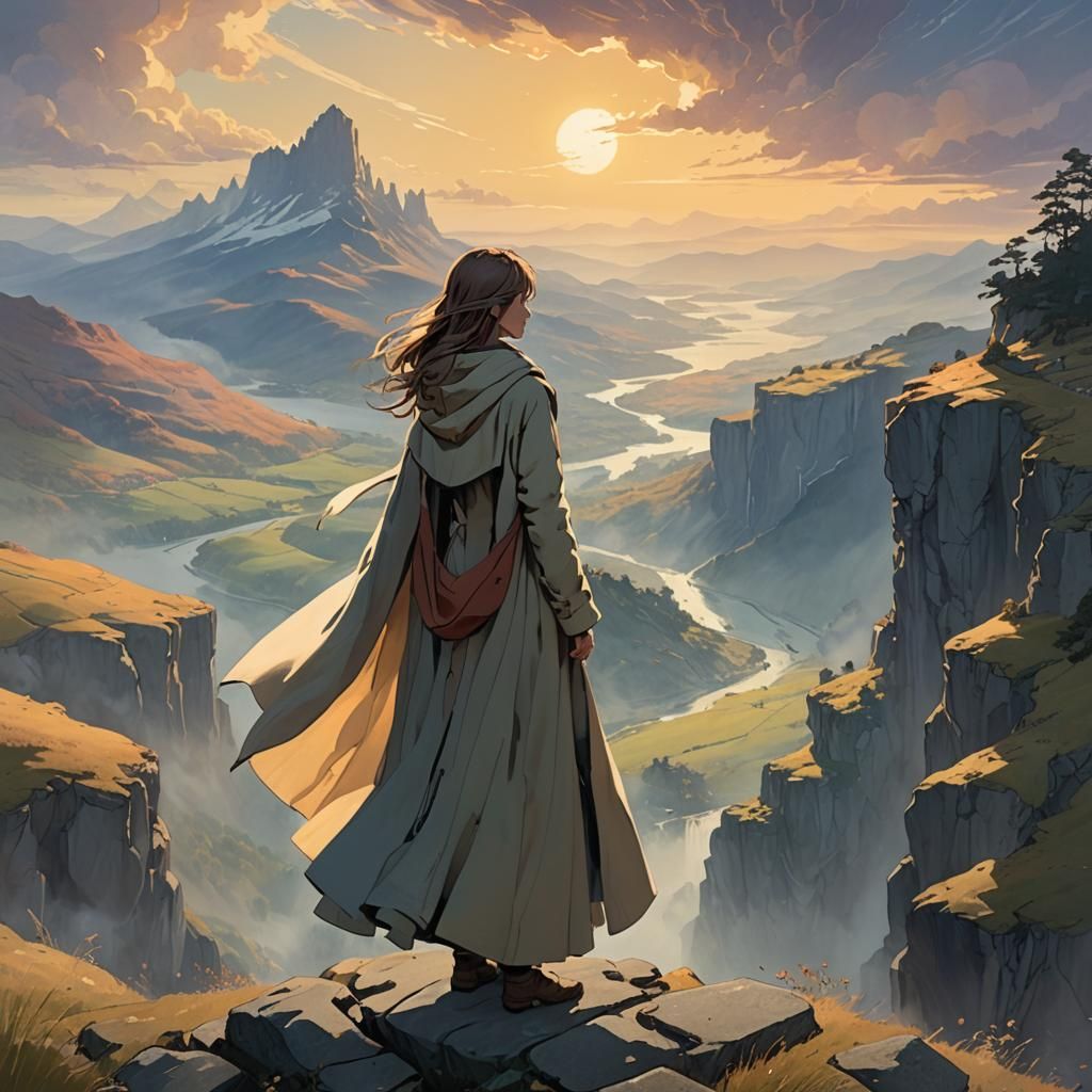 Mystical Landscape with Woman in Flowing Coat