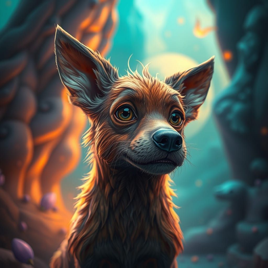 Whimsical Dog in a Vibrant Mythical Realm