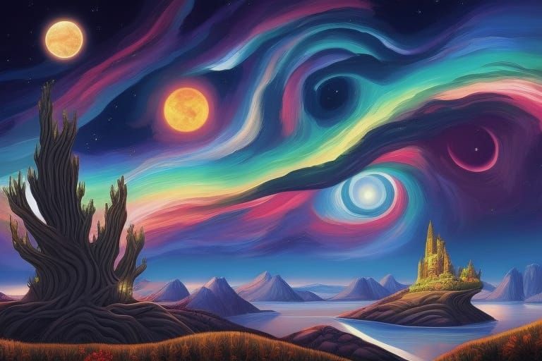 Futuristic Iridescent Starry Night Landscape