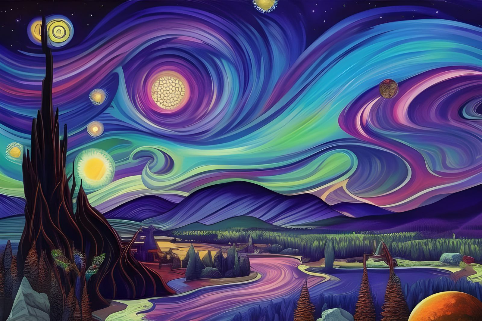 Sci-Fi Starry Night with Galaxies in Vector Art Style