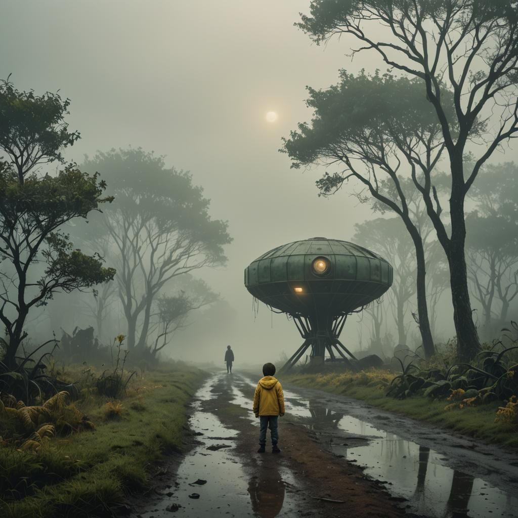 Child Encounters Alien Device in Misty Landscape