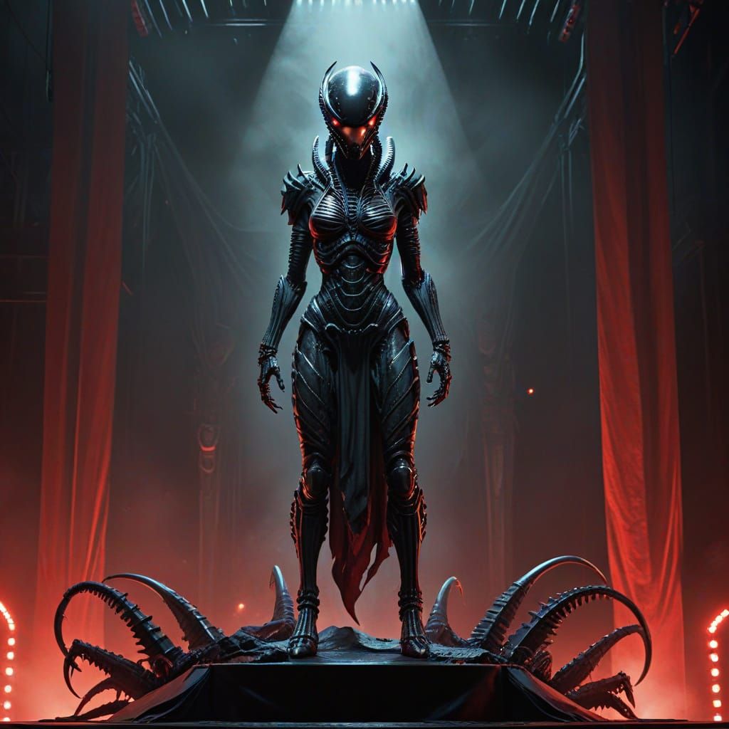 Alien Xenomorph Predator on Cabaret Stage in Dark Fantasy St...