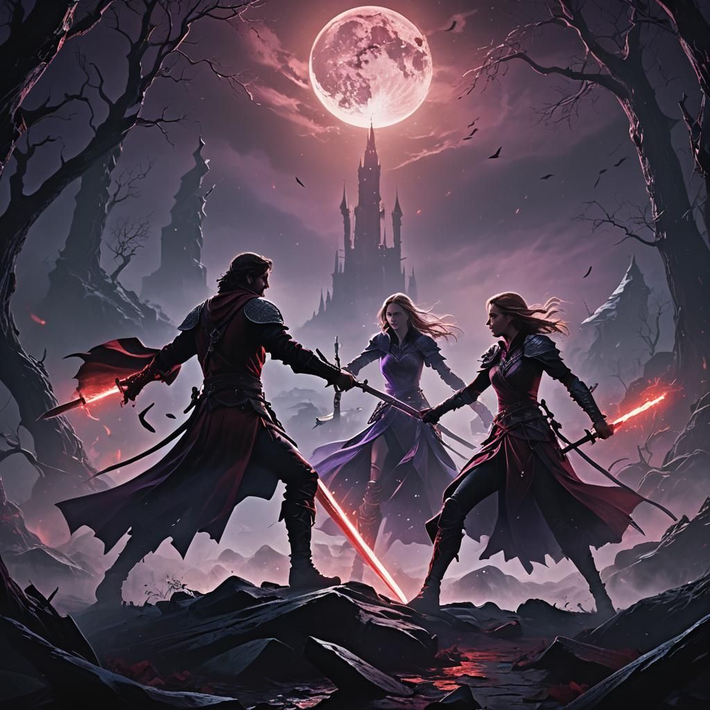 Heroes Fight Shadowy Enemies in Dark Fantasy Art