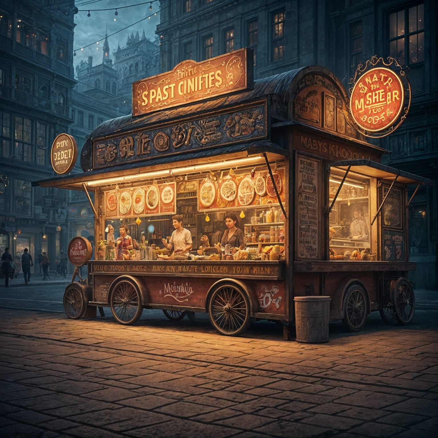 Vibrant Food Cart Scene in Fantastical Style