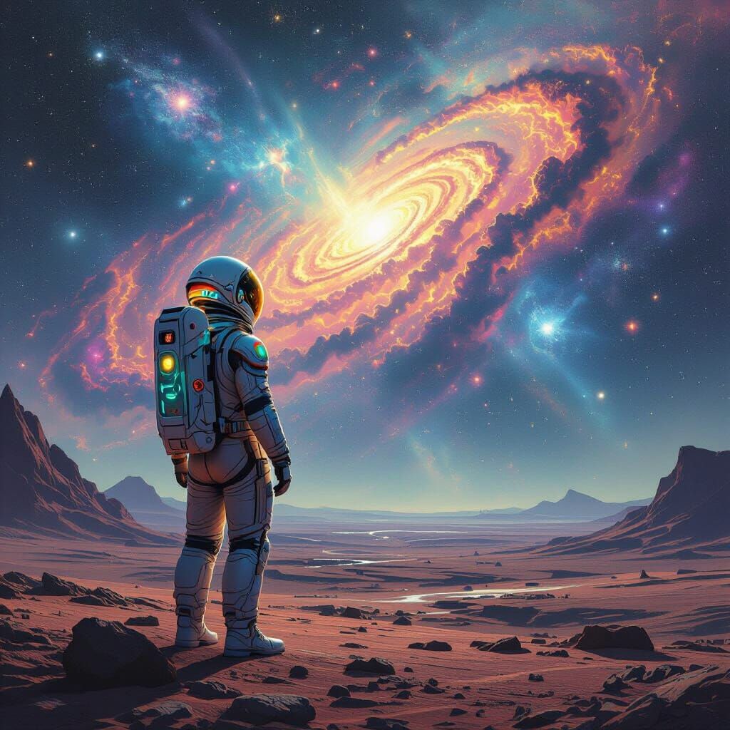 Astronaut Gazing at Cosmic Nebulae in Surreal Style