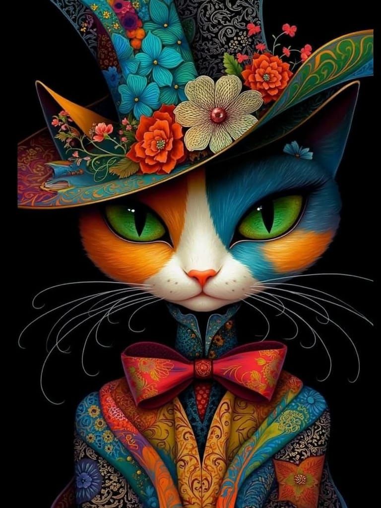 Vibrant Whimsical Cat Portrait in Elegant Top Hat and Bow Ti...