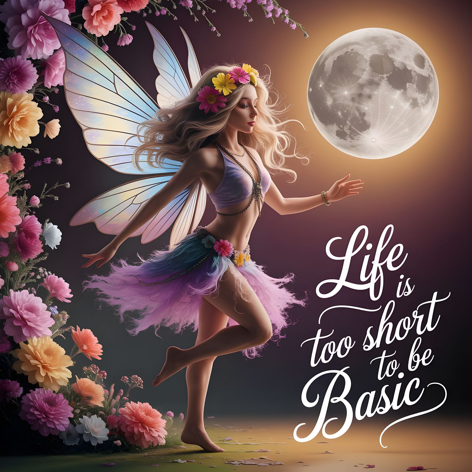 Hippie Fairy Dances in Moonlight with Flowers