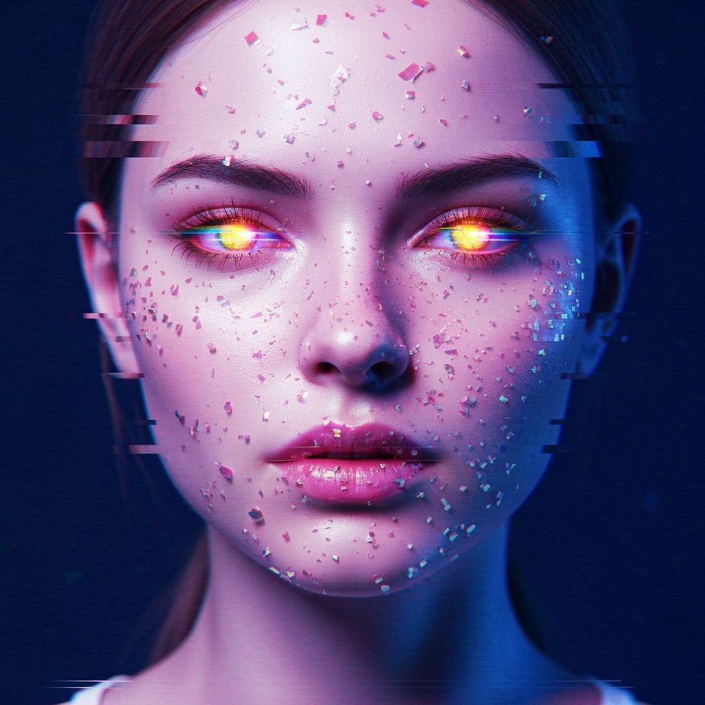 Glitch Art Portrait of Woman with Neon Static