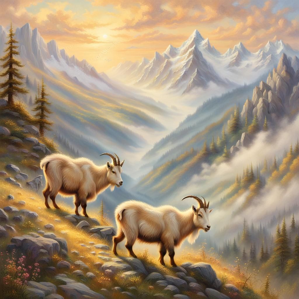 Mountain Goats in Ethereal Golden Landscape