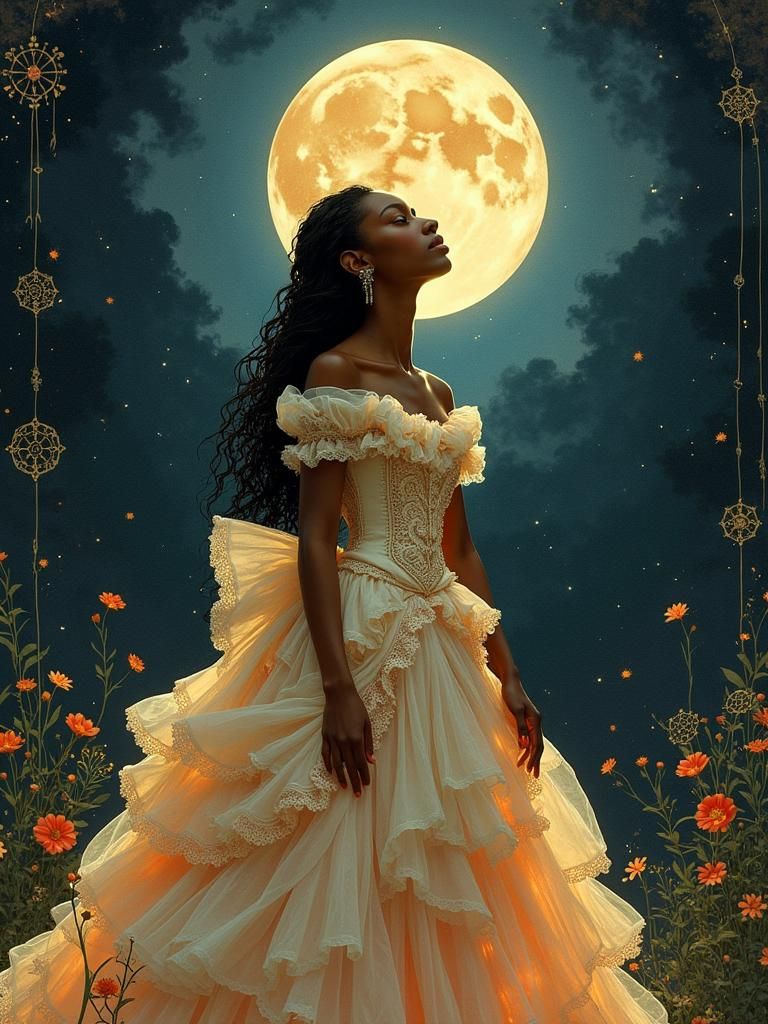 Moonlit Woman in Gown, Art Nouveau Style
