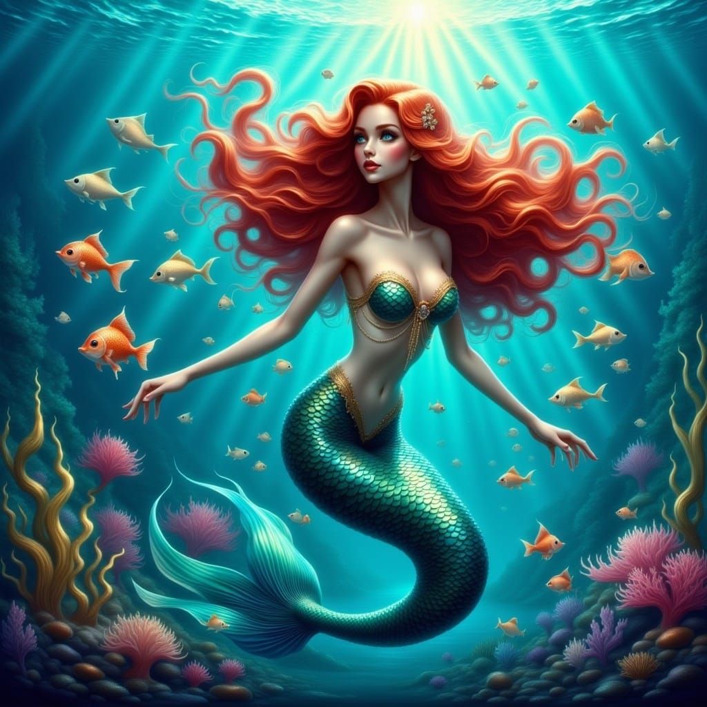 Underwater Mermaid with Red Hair in Digital Painting Style