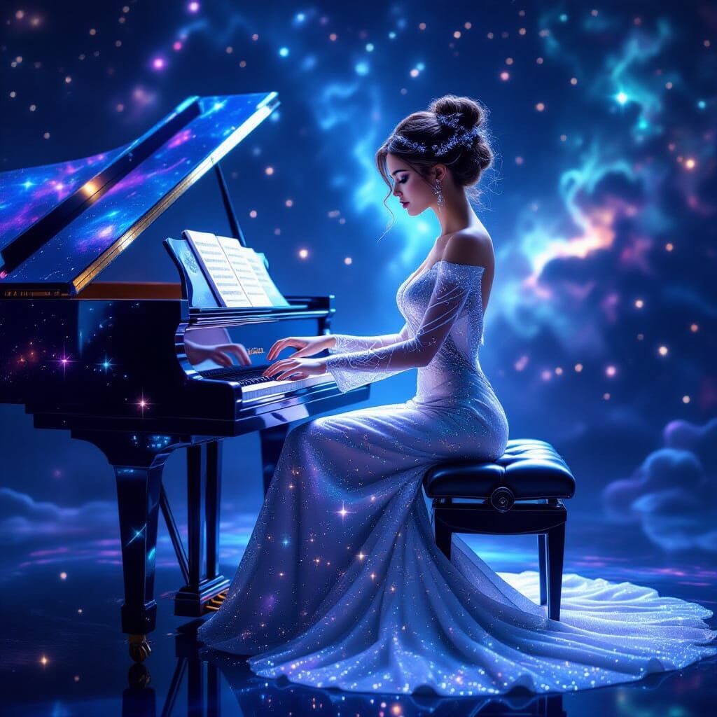Cosmic Piano Melody: Woman Weaving Galaxies