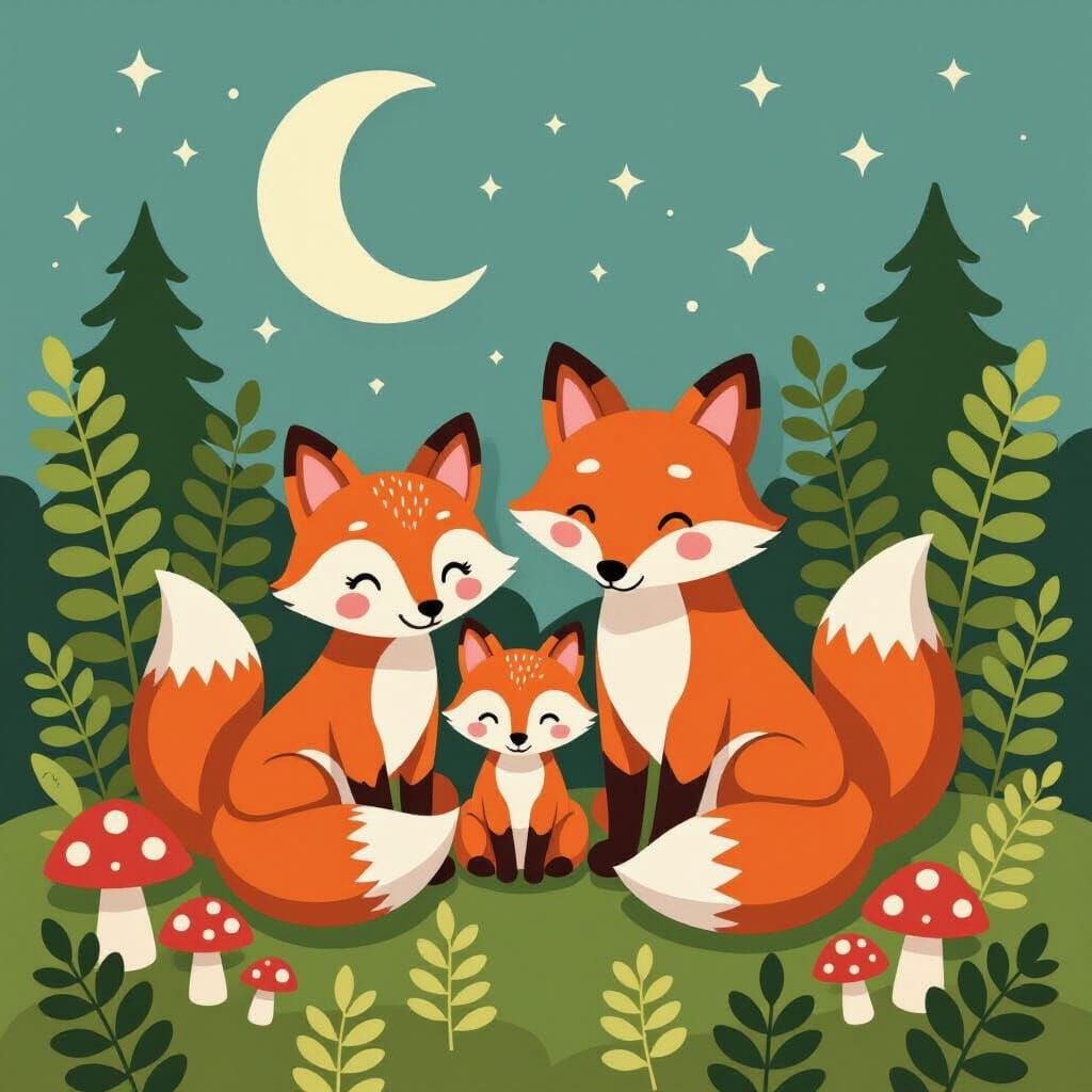 Fox Family in Woodland Scene as Layered Felt Art