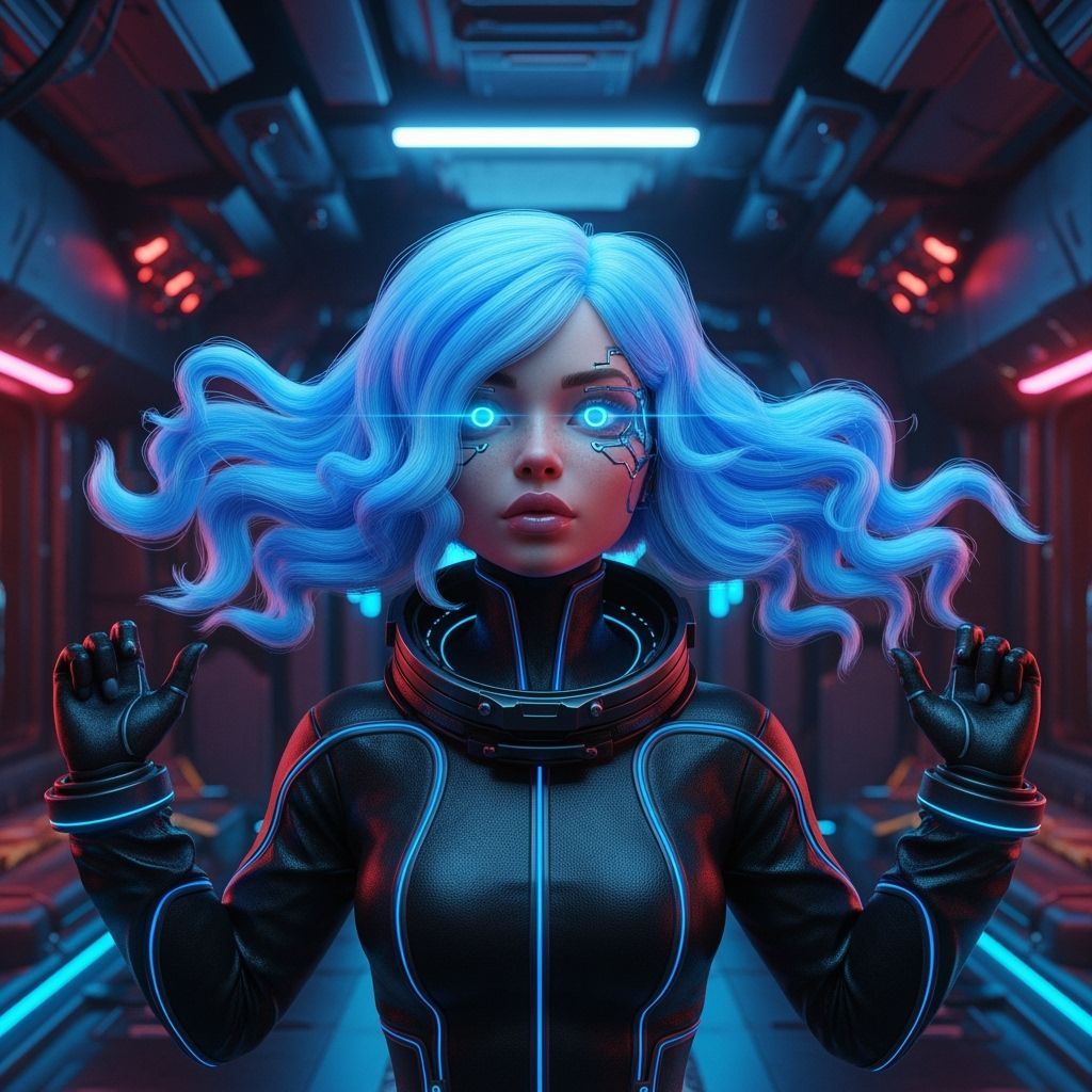 Cyberpunk Spaceship Interior with Girl in Dynamic Pose