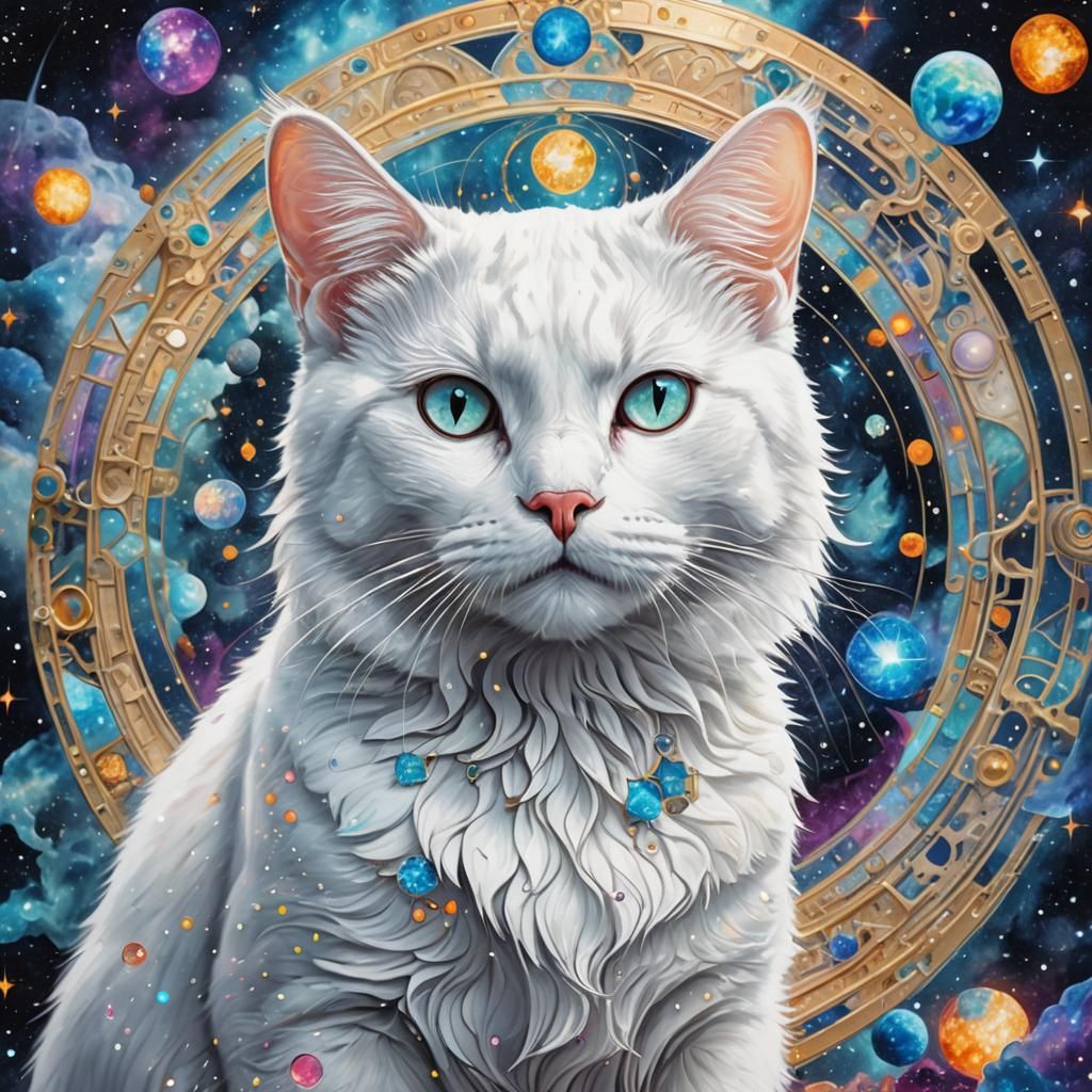 Cosmic White Cat Illustration in Mixed Media