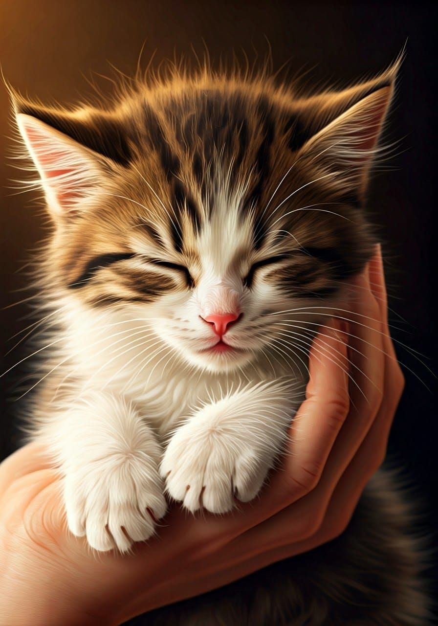 Sleeping Kitten in Hand, Impressionist Style