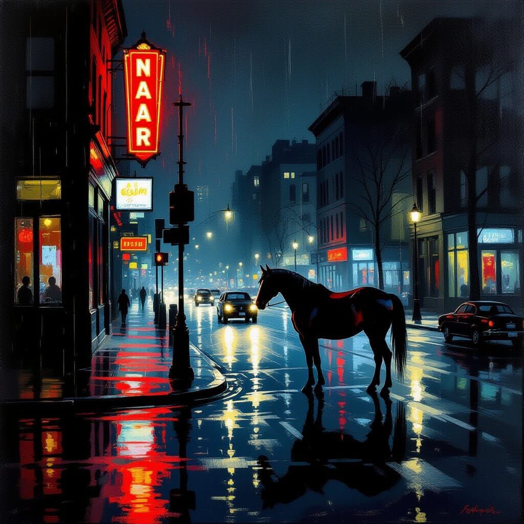 Lone Horse on Wet City Street at Night in Oil Painting Style