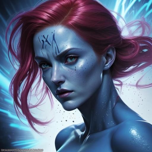 Hyperrealistic Mystique X-Men Portrait in Splash Art Style