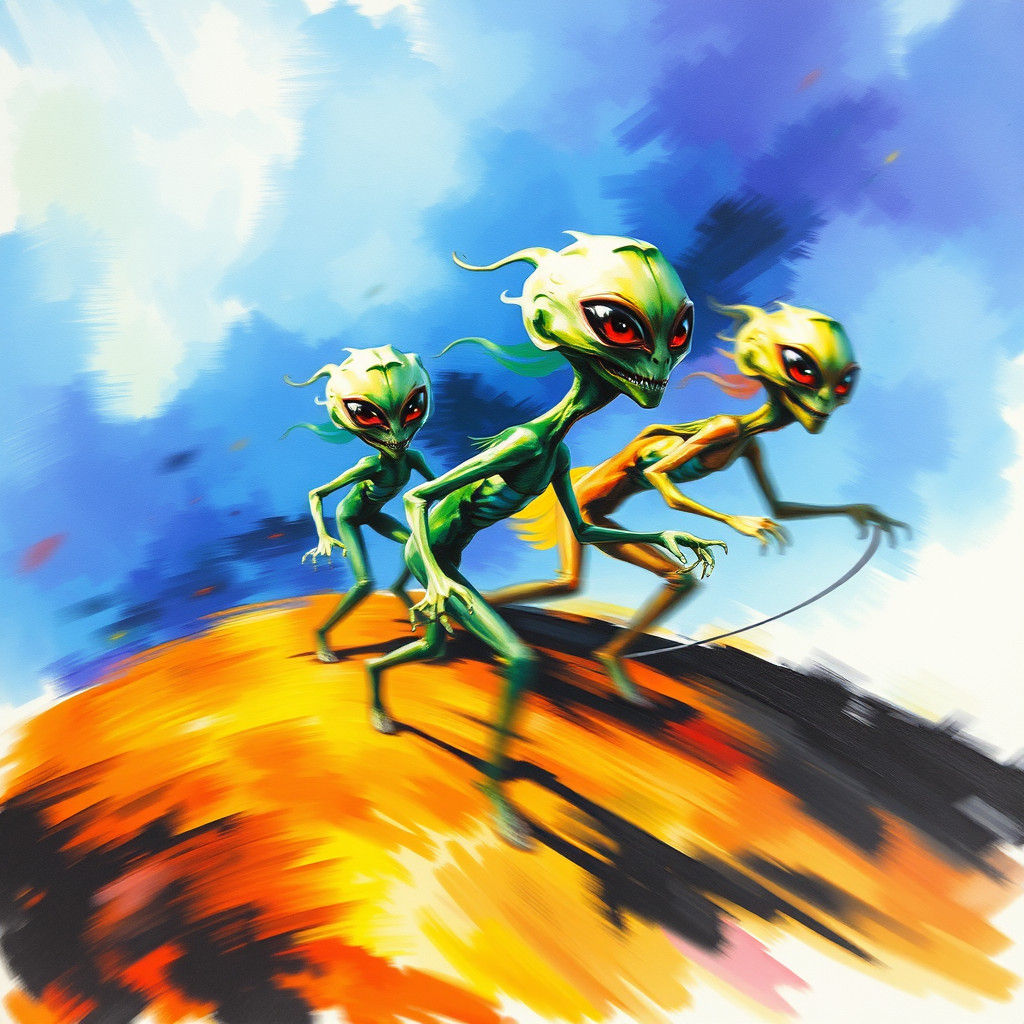 Expressionist Aliens Run Uphill in Ink Wash