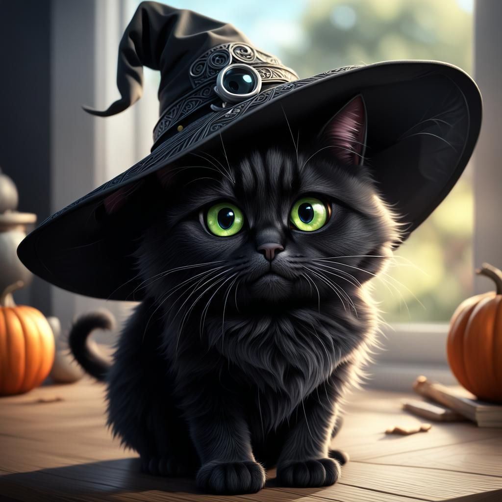 Cartoon Black Cat with Witch Hat in Digital Art