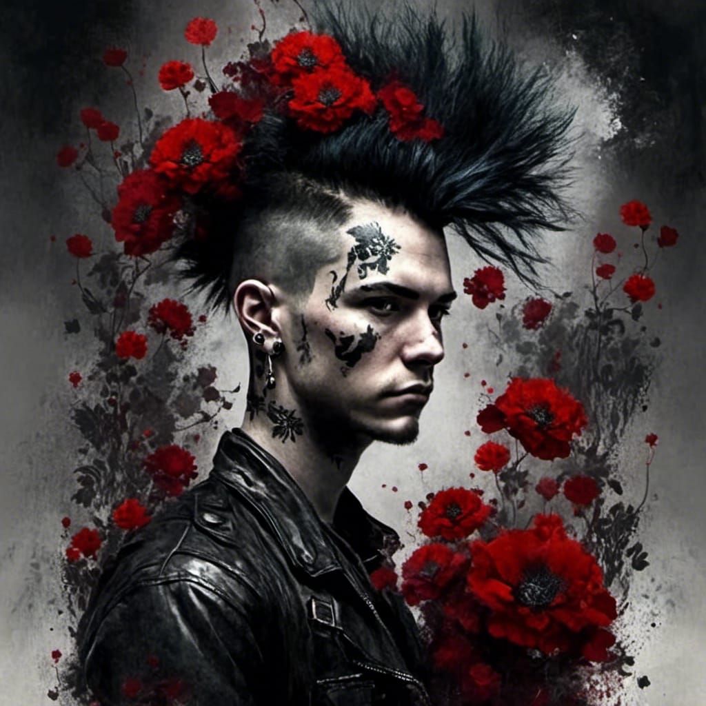 Punk Man with Flowers in Cyberpunk Style