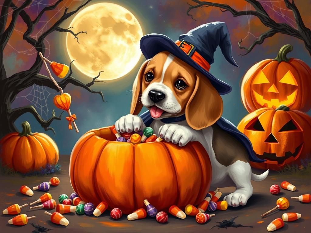 Halloween Beagle Puppy with Pumpkin, Digital Art