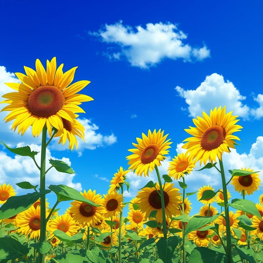 Sunflowers Swaying Under Blue Sky in Ghibli Style