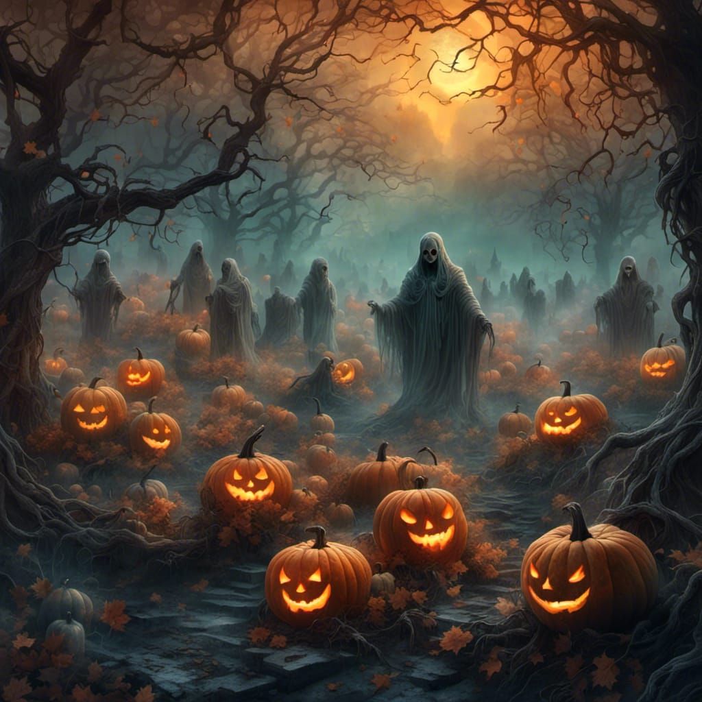 Haunted Pumpkin Patch in Gothic Watercolor Style