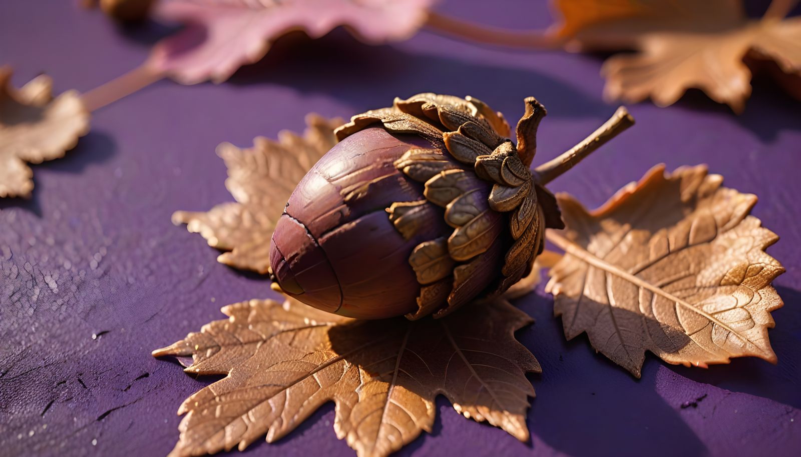 Acorn on Purple Surface with Pink Leaf