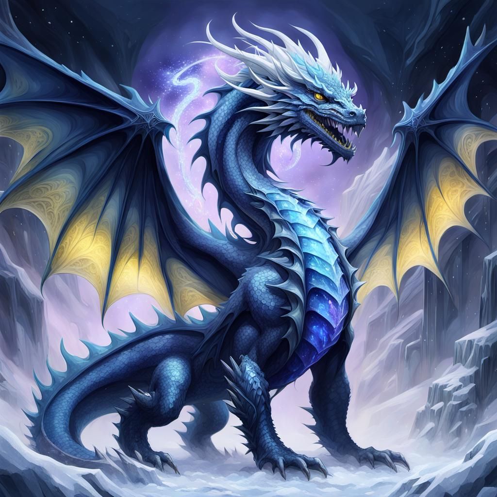 Majestic Sapphire Ice Dragon in Dark Fantasy Art