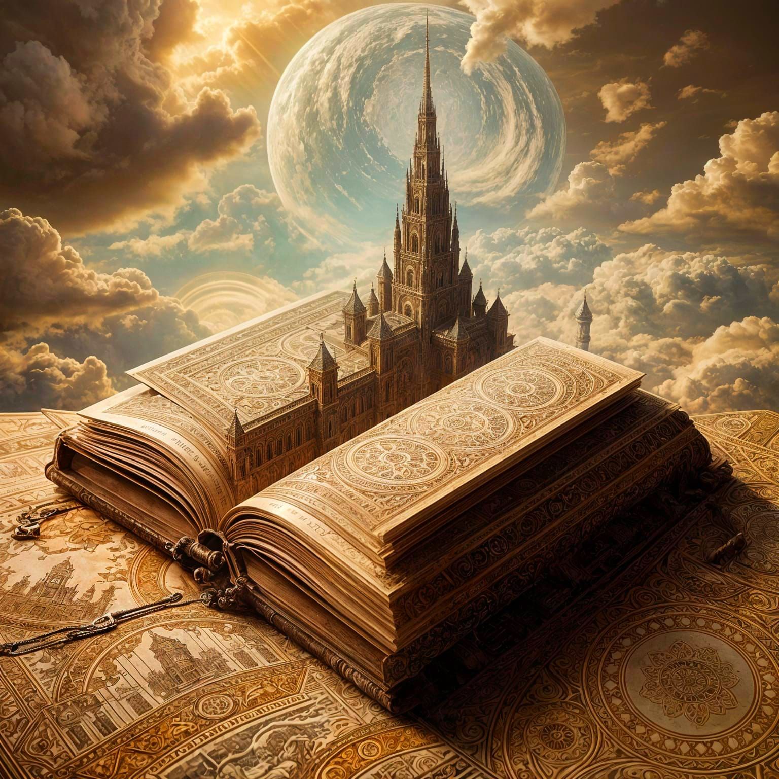 Ethereal World Unfolds from Ancient Leather-Bound Tome in Cy...
