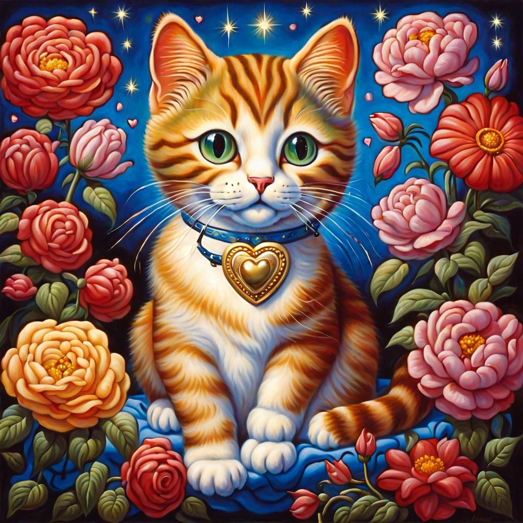 Cat with Flowers in Pop Surrealist Style
